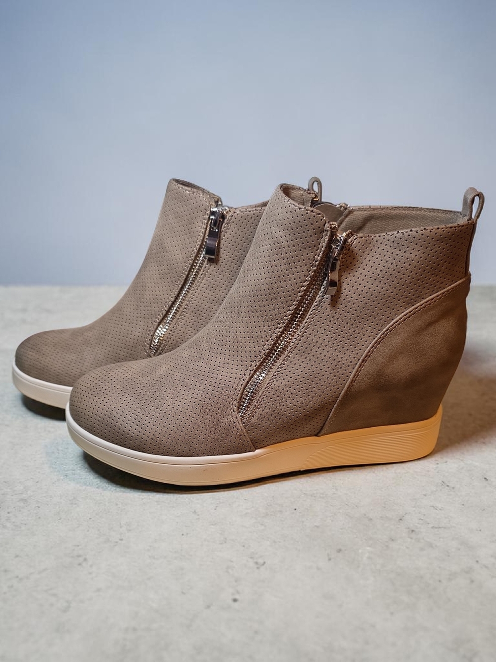 Journee Collection Taupe Perforated Wedge Ankle Boots with Side Zips